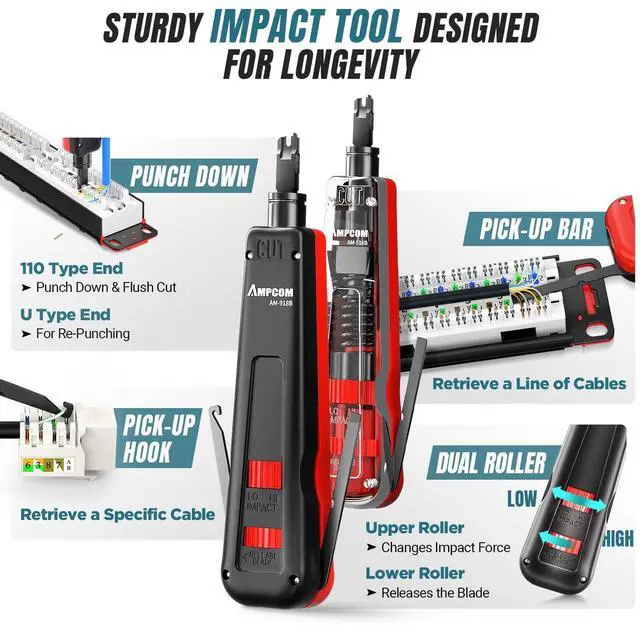 Alt view image 3 of 7 - Ethernet Crimping Tool Kit 7-in-1 RJ45/RJ11 Network Tool Kit for Cat6/Cat5e/Cat5 RJ45 Connectors with 110 Punch Down Tool Wire Stripper in Portable Waterproof Bag