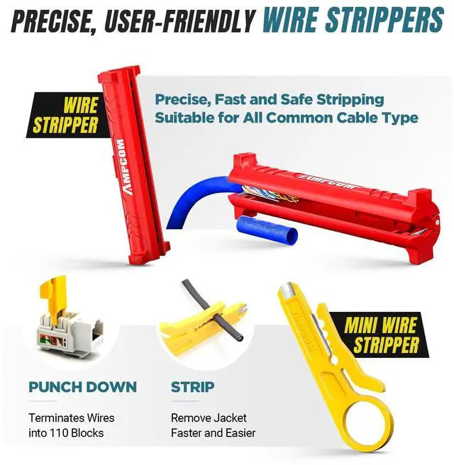 Alt view image 4 of 7 - Ethernet Crimping Tool Kit 7-in-1 RJ45/RJ11 Network Tool Kit for Cat6/Cat5e/Cat5 RJ45 Connectors with 110 Punch Down Tool Wire Stripper in Portable Waterproof Bag