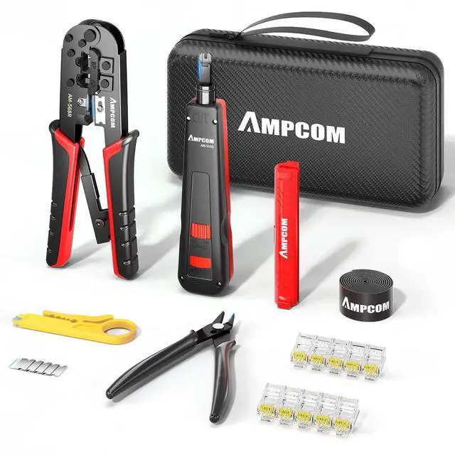 Main image of Ethernet Crimping Tool Kit 7-in-1 RJ45/RJ11 Network Tool Kit for Cat6/Cat5e/Cat5 RJ45 Connectors with 110 Punch Down Tool Wire Stripper in Portable Waterproof Bag