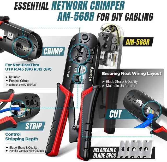 Alt view image 2 of 7 - Ethernet Crimping Tool Kit 7-in-1 RJ45/RJ11 Network Tool Kit for Cat6/Cat5e/Cat5 RJ45 Connectors with 110 Punch Down Tool Wire Stripper in Portable Waterproof Bag