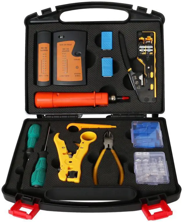 Main image of Network Tool Kit, 12 in 1 Professional RJ45 Crimp Tool Kit Pass Through Crimper RJ45 Tester 110/88 Punch Down Tool Stripper Cutter Cat6 Pass Through Connectors and Boots