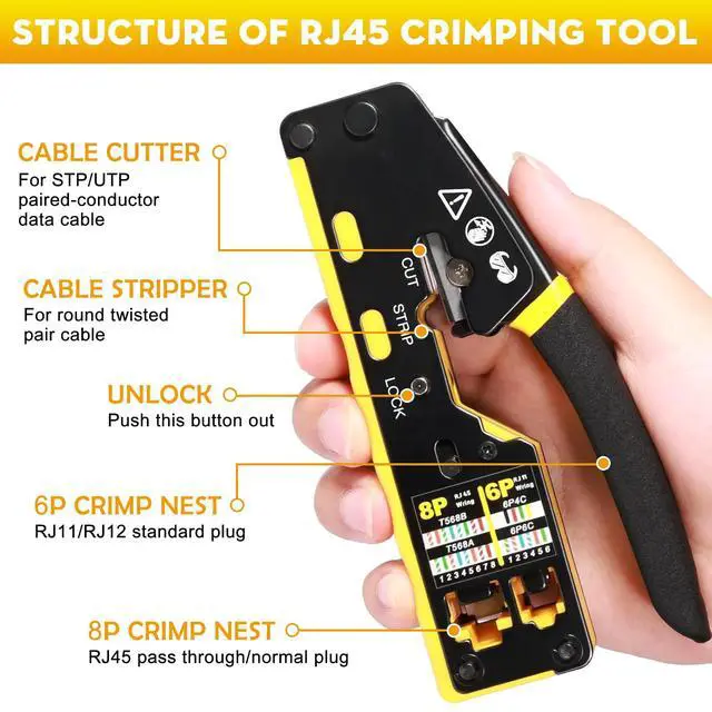 Alt view image 2 of 7 - Network Tool Kit, 12 in 1 Professional RJ45 Crimp Tool Kit Pass Through Crimper RJ45 Tester 110/88 Punch Down Tool Stripper Cutter Cat6 Pass Through Connectors and Boots