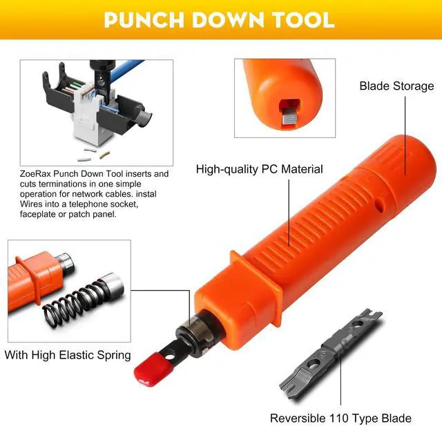 Alt view image 4 of 7 - Network Tool Kit, 12 in 1 Professional RJ45 Crimp Tool Kit Pass Through Crimper RJ45 Tester 110/88 Punch Down Tool Stripper Cutter Cat6 Pass Through Connectors and Boots