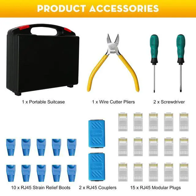 Alt view image 6 of 7 - Network Tool Kit, 12 in 1 Professional RJ45 Crimp Tool Kit Pass Through Crimper RJ45 Tester 110/88 Punch Down Tool Stripper Cutter Cat6 Pass Through Connectors and Boots