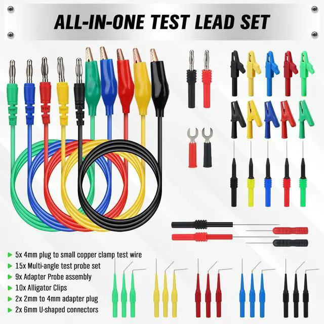 Alt view image 7 of 7 - 43-Piece Back Probe Kit, 30A Multi-Angle Test Probe, 4mm Banana Plug to Copper Alligator Clips, U-Shaped Connectors, Automotive Electrical Circuit Diagnosis Car Repairing Tools