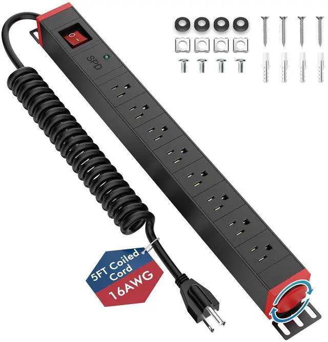 Main image of 8 Outlet Rack Mount PDU Power Strip, SPD, 1200J Surge Protection & 15A Overload Switch, 360° Rotating Mounting,Fits 19'' Network Server Rack, 5FT Coiled Cord, 1U RackMount