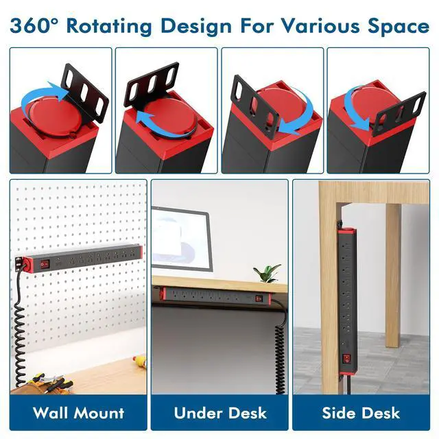 Alt view image 2 of 7 - 8 Outlet Rack Mount PDU Power Strip, SPD, 1200J Surge Protection & 15A Overload Switch, 360° Rotating Mounting,Fits 19'' Network Server Rack, 5FT Coiled Cord, 1U RackMount