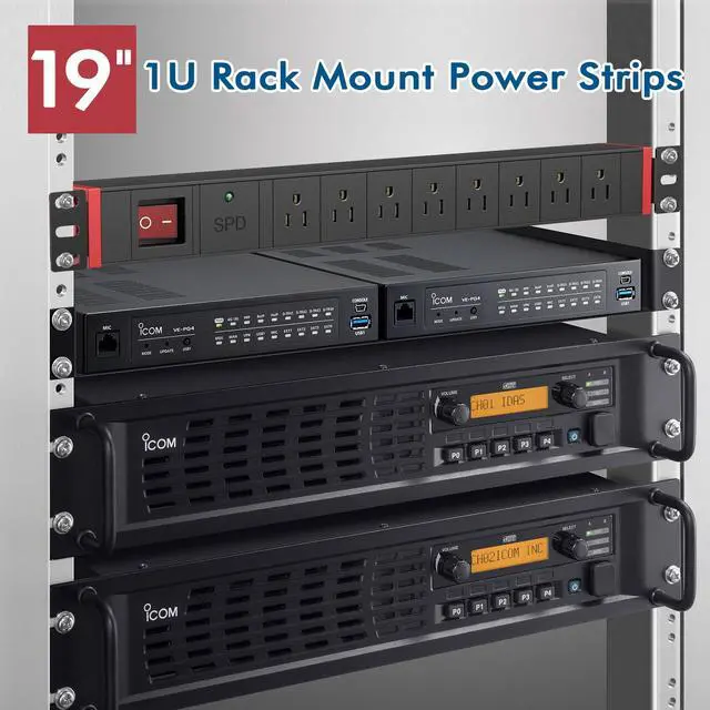 Alt view image 3 of 7 - 8 Outlet Rack Mount PDU Power Strip, SPD, 1200J Surge Protection & 15A Overload Switch, 360° Rotating Mounting,Fits 19'' Network Server Rack, 5FT Coiled Cord, 1U RackMount