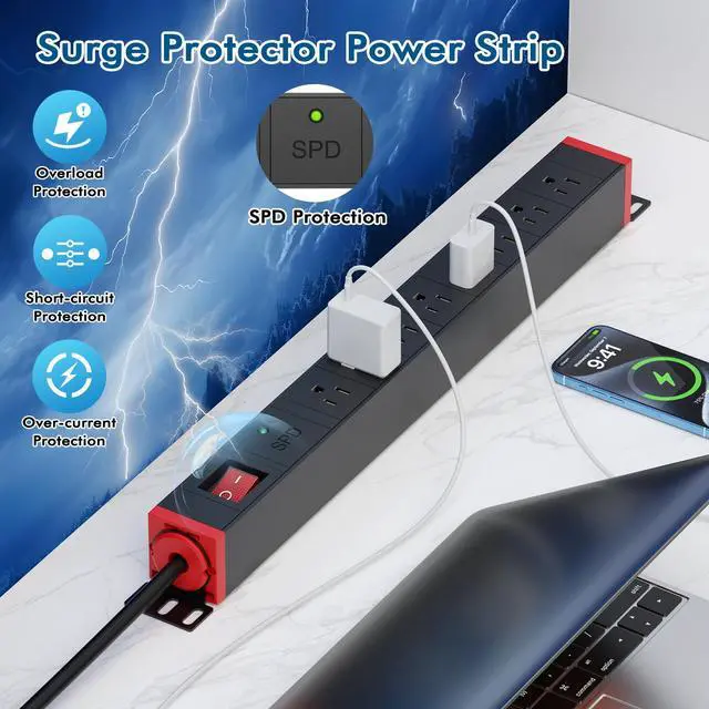 Alt view image 4 of 7 - 8 Outlet Rack Mount PDU Power Strip, SPD, 1200J Surge Protection & 15A Overload Switch, 360° Rotating Mounting,Fits 19'' Network Server Rack, 5FT Coiled Cord, 1U RackMount
