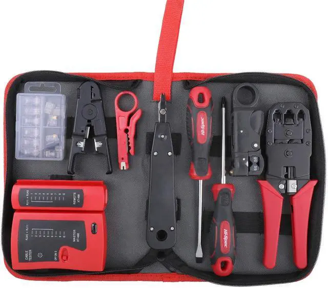 Main image of 9pc Network Cable Tester Tool Kit Set for CAT5, CAT6, RJ11, RJ45. Ethernet LAN Crimper, Punchdown, Coax Stripper & More