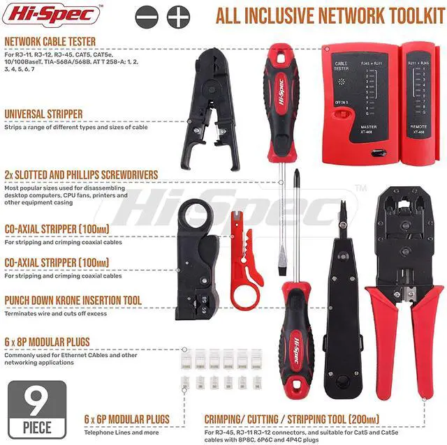 Alt view image 2 of 7 - 9pc Network Cable Tester Tool Kit Set for CAT5, CAT6, RJ11, RJ45. Ethernet LAN Crimper, Punchdown, Coax Stripper & More