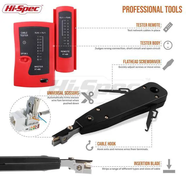 Alt view image 3 of 7 - 9pc Network Cable Tester Tool Kit Set for CAT5, CAT6, RJ11, RJ45. Ethernet LAN Crimper, Punchdown, Coax Stripper & More