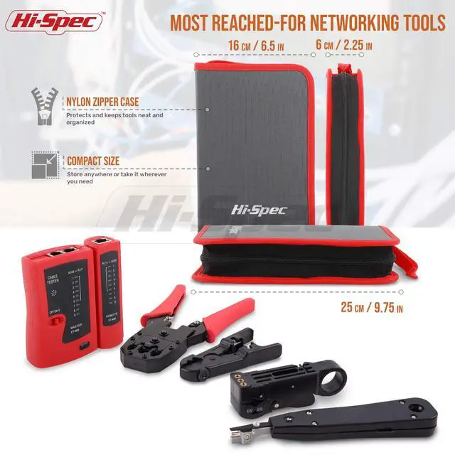 Alt view image 4 of 7 - 9pc Network Cable Tester Tool Kit Set for CAT5, CAT6, RJ11, RJ45. Ethernet LAN Crimper, Punchdown, Coax Stripper & More