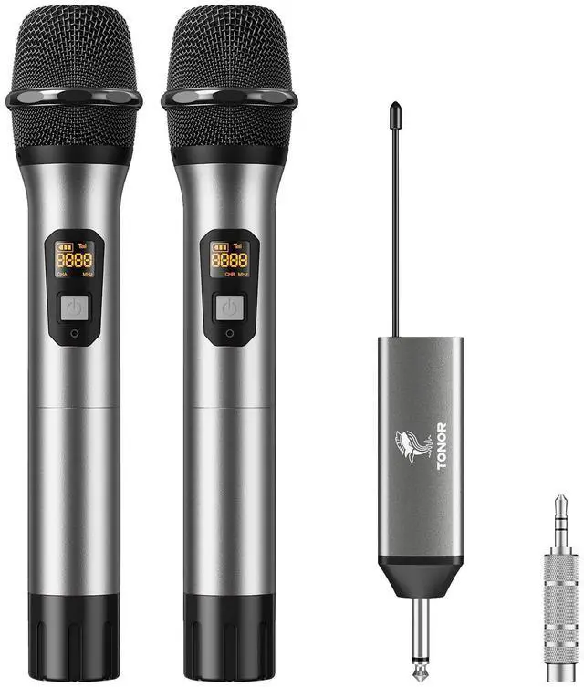 Main image of Wireless Microphone, 2 * 15 Channel Dual UHF Metal Cordless Handheld Mic System with Rechargeable Receiver, for Karaoke, Singing, Party, Wedding, DJ, Speech, 200ft, Silver, 2Mics