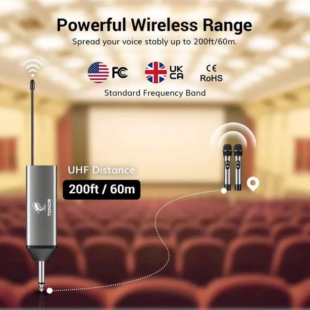 Alt view image 3 of 7 - Wireless Microphone, 2 * 15 Channel Dual UHF Metal Cordless Handheld Mic System with Rechargeable Receiver, for Karaoke, Singing, Party, Wedding, DJ, Speech, 200ft, Silver, 2Mics