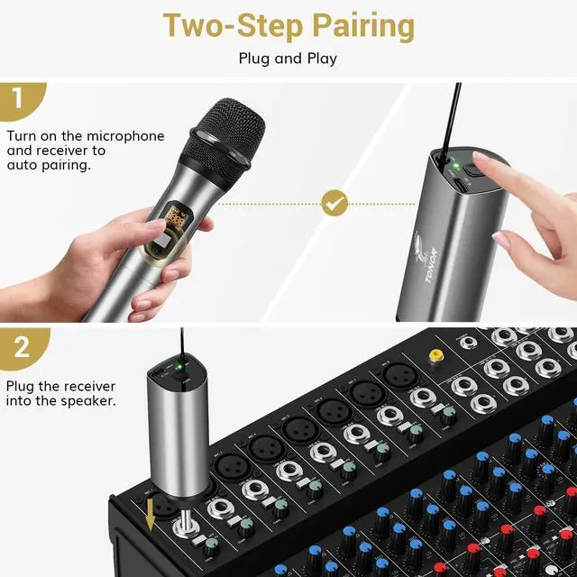 Alt view image 4 of 7 - Wireless Microphone, 2 * 15 Channel Dual UHF Metal Cordless Handheld Mic System with Rechargeable Receiver, for Karaoke, Singing, Party, Wedding, DJ, Speech, 200ft, Silver, 2Mics