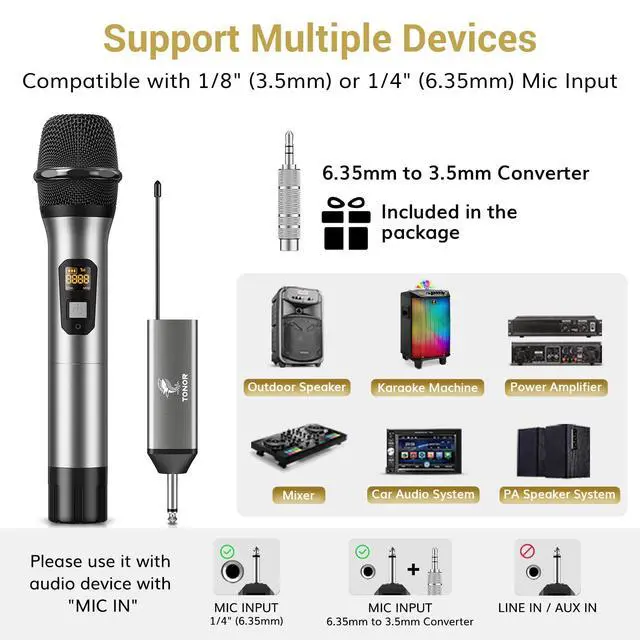Alt view image 5 of 7 - Wireless Microphone, 2 * 15 Channel Dual UHF Metal Cordless Handheld Mic System with Rechargeable Receiver, for Karaoke, Singing, Party, Wedding, DJ, Speech, 200ft, Silver, 2Mics
