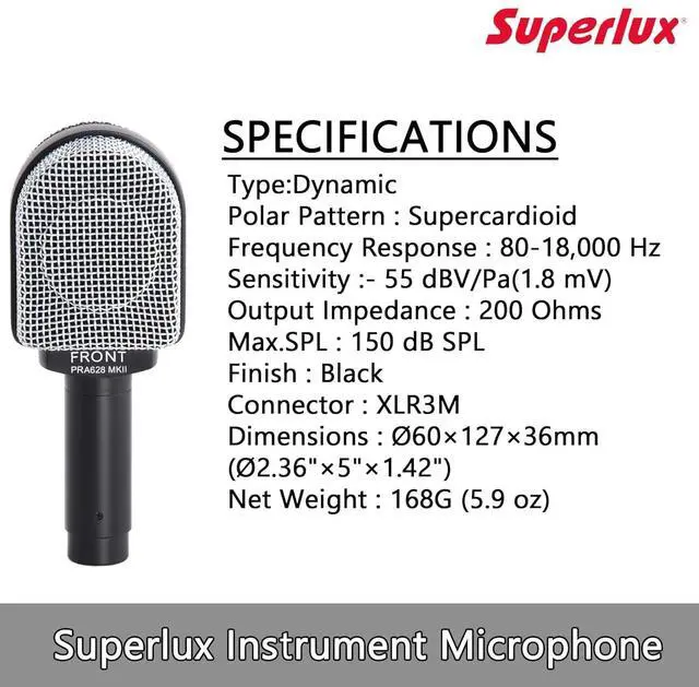 Alt view image 4 of 4 - PRA628MKII Professional Dynamic Instrument Microphone, Wired Super-Cardioid Mic for Guitar/Bass Amps & Live Sound. Recording for Studio and Live Performance, Road-Ready with Clamp & Bag