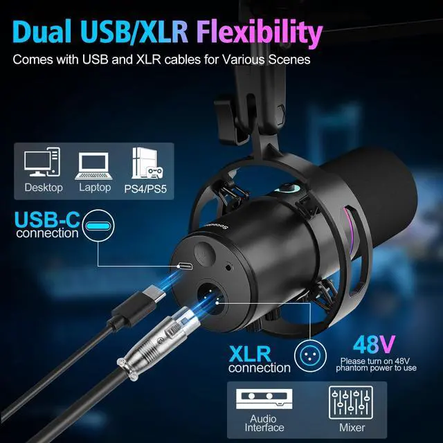 Alt view image 4 of 7 - XLR/USB Gaming Microphone with Boom Arm, Dynamic Microphone with One-Touch Mute, Gain Control & Headphone Jack, RGB Podcast Microphone for Streaming, Recording, Vocal