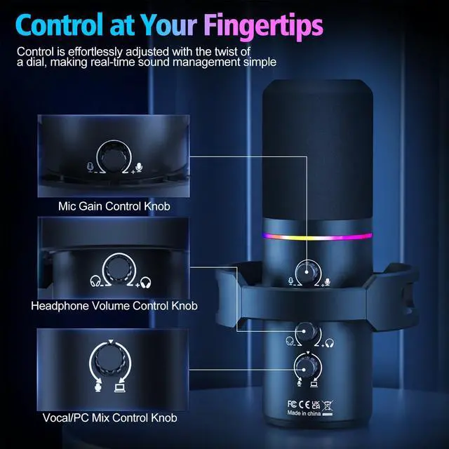 Alt view image 5 of 7 - XLR/USB Gaming Microphone with Boom Arm, Dynamic Microphone with One-Touch Mute, Gain Control & Headphone Jack, RGB Podcast Microphone for Streaming, Recording, Vocal