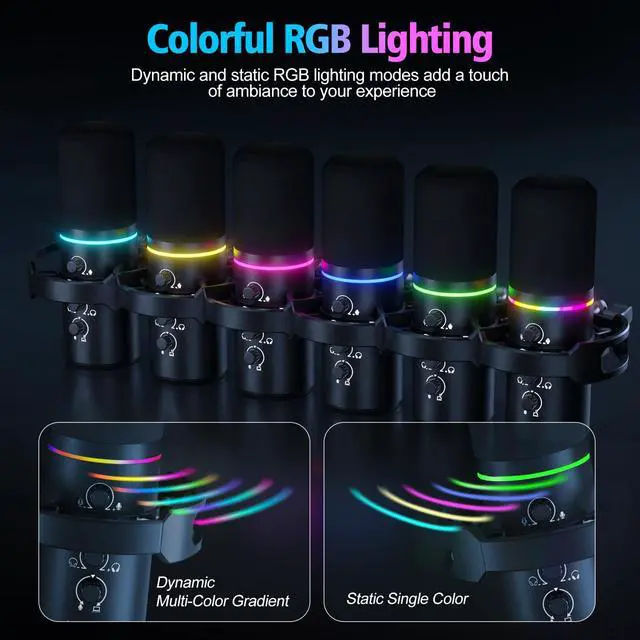 Alt view image 6 of 7 - XLR/USB Gaming Microphone with Boom Arm, Dynamic Microphone with One-Touch Mute, Gain Control & Headphone Jack, RGB Podcast Microphone for Streaming, Recording, Vocal