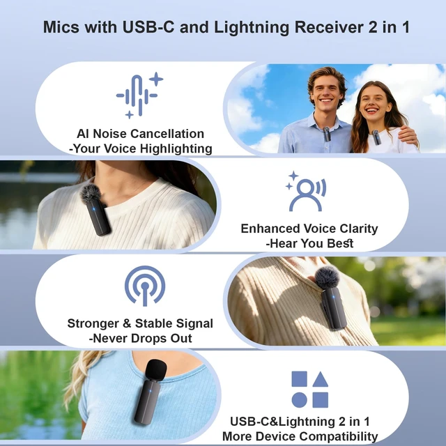Alt view image 2 of 7 - 2-Pack Wireless Mini Lavalier Microphone for iPhone,Android Phone - 65ft Cordless Clip on Mics with Noise Reduction 6H Working Time for Video Recording