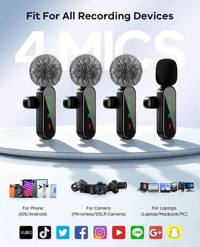 Alt view image 3 of 7 - 4 Packs Wireless Lavalier Microphone for iPhone/Android/Camera, Upgraded Mini Microphone with Noise Reduction, Mic for Video Recording, Podcasts, YouTube, TikTok, and Vlogging