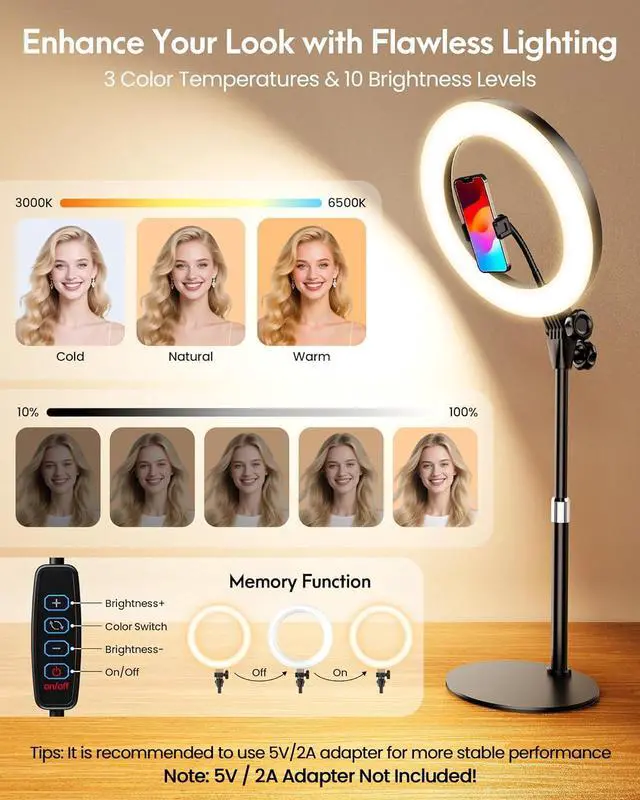 Alt view image 4 of 7 - Desk Ring Light with Stand - 10.5'' Desktop Ring Light with Phone Holder for Video Recording, Circle Light for Computer Zoom Meeting Video Conference Lighting Video Calls Podcast Streaming