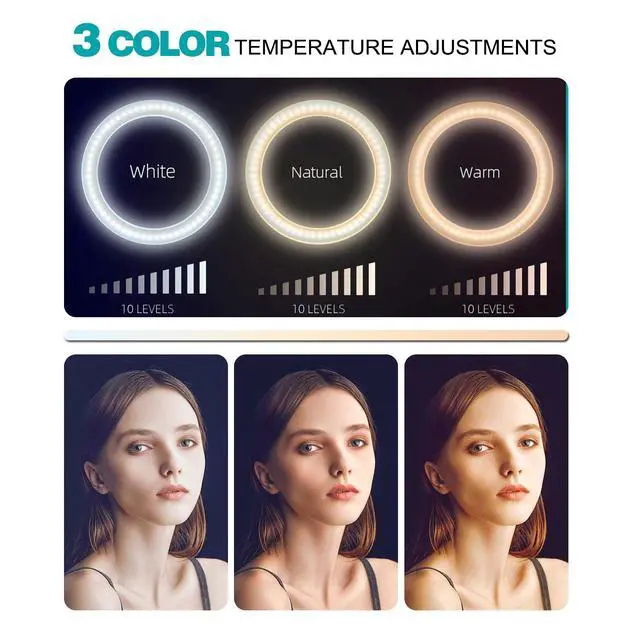 Alt view image 2 of 7 - 10" Selfie Ring Light with 10" Stand and 60" Selfie Stick, 3 Color Light Adjustment Suitable for Phones and Cameras, Makeup/Live Streaming/Taking Photos