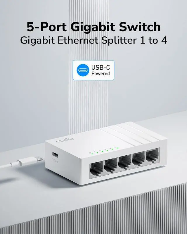 Alt view image 2 of 7 - 5 Port Gigabit Ethernet Switch with USB-C Power Jack Desktop Ethernet Splitter Plastic Case Unshielded Switch Plug & Play Fanless Unmanaged