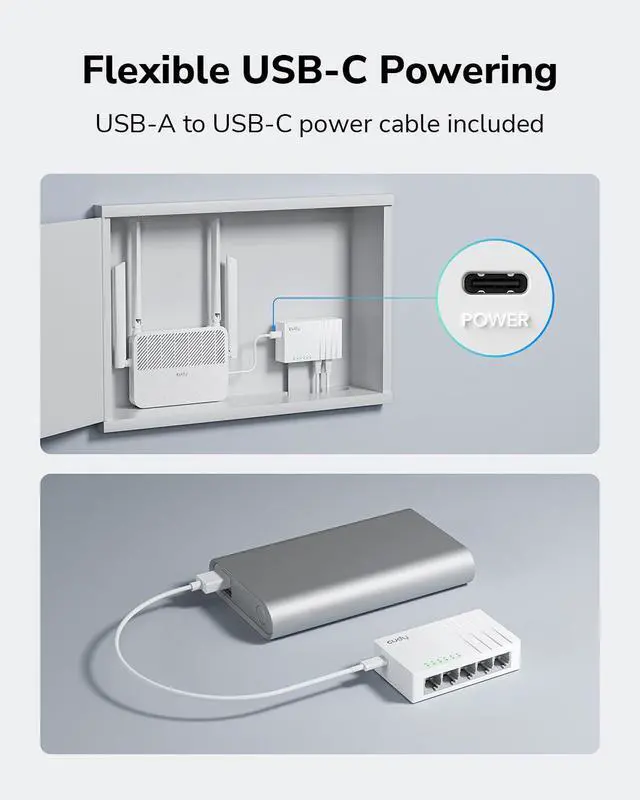 Alt view image 7 of 7 - 5 Port Gigabit Ethernet Switch with USB-C Power Jack Desktop Ethernet Splitter Plastic Case Unshielded Switch Plug & Play Fanless Unmanaged
