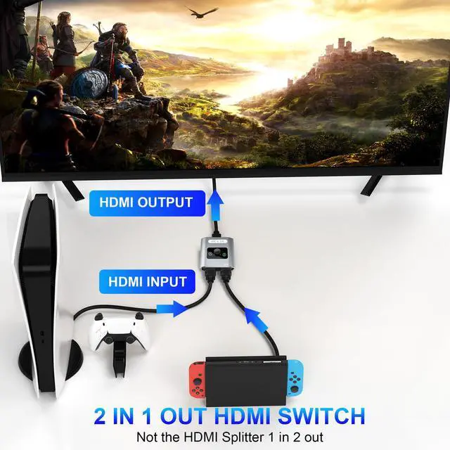 Alt view image 2 of 7 - HDMI Switch Splitter 4K@60Hz, Aluminum Bi-Directional HDMI 2.0 Switcher, HDMI Splitter 1 in 2 Out/ 2 in 1 Out, Support 4K 3D HDR for Xbox, PS5/4/3, Fire Stick, Roku, HDTV, Projector, Computer (Gray)