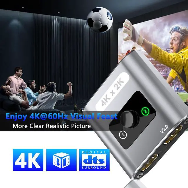 Alt view image 3 of 7 - HDMI Switch Splitter 4K@60Hz, Aluminum Bi-Directional HDMI 2.0 Switcher, HDMI Splitter 1 in 2 Out/ 2 in 1 Out, Support 4K 3D HDR for Xbox, PS5/4/3, Fire Stick, Roku, HDTV, Projector, Computer (Gray)