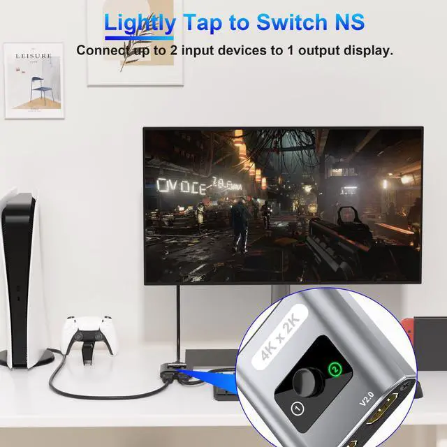 Alt view image 4 of 7 - HDMI Switch Splitter 4K@60Hz, Aluminum Bi-Directional HDMI 2.0 Switcher, HDMI Splitter 1 in 2 Out/ 2 in 1 Out, Support 4K 3D HDR for Xbox, PS5/4/3, Fire Stick, Roku, HDTV, Projector, Computer (Gray)