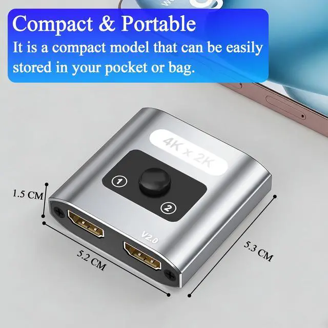 Alt view image 7 of 7 - HDMI Switch Splitter 4K@60Hz, Aluminum Bi-Directional HDMI 2.0 Switcher, HDMI Splitter 1 in 2 Out/ 2 in 1 Out, Support 4K 3D HDR for Xbox, PS5/4/3, Fire Stick, Roku, HDTV, Projector, Computer (Gray)