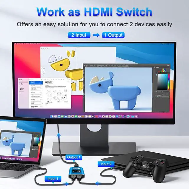 Alt view image 2 of 7 - HDMI Switch Splitter 4K@60Hz, Aluminum Bi-Directional HDMI 2.0 Switcher, HDMI Splitter 1 in 2 Out/ 2 in 1 Out, Support 4K 3D HDR for Xbox, PS5/4/3, Fire Stick, Roku, HDTV, Projector, Computer (Blue)