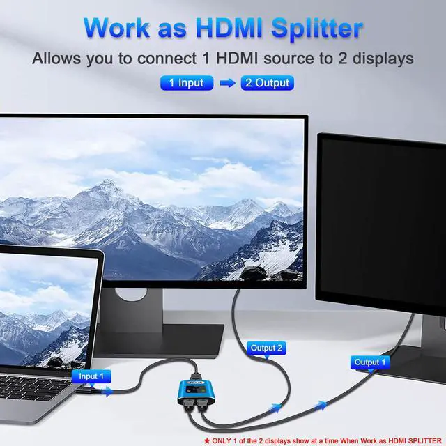 Alt view image 4 of 7 - HDMI Switch Splitter 4K@60Hz, Aluminum Bi-Directional HDMI 2.0 Switcher, HDMI Splitter 1 in 2 Out/ 2 in 1 Out, Support 4K 3D HDR for Xbox, PS5/4/3, Fire Stick, Roku, HDTV, Projector, Computer (Blue)