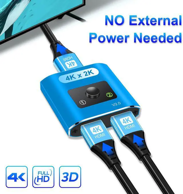 Alt view image 5 of 7 - HDMI Switch Splitter 4K@60Hz, Aluminum Bi-Directional HDMI 2.0 Switcher, HDMI Splitter 1 in 2 Out/ 2 in 1 Out, Support 4K 3D HDR for Xbox, PS5/4/3, Fire Stick, Roku, HDTV, Projector, Computer (Blue)