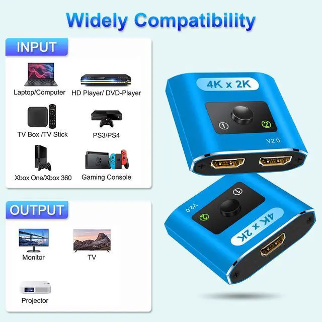 Alt view image 6 of 7 - HDMI Switch Splitter 4K@60Hz, Aluminum Bi-Directional HDMI 2.0 Switcher, HDMI Splitter 1 in 2 Out/ 2 in 1 Out, Support 4K 3D HDR for Xbox, PS5/4/3, Fire Stick, Roku, HDTV, Projector, Computer (Blue)