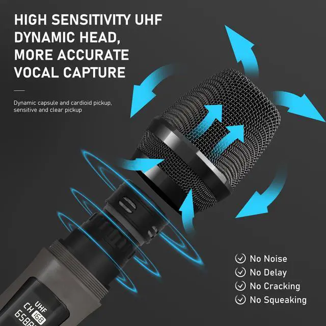Alt view image 2 of 7 - Wireless Microphones, Professional Dual Karaoke Microphones, Wireless Dynamic Microphone System Set with Rechargeable Receiver for Home Party, Speech, Wedding, Church, PA System