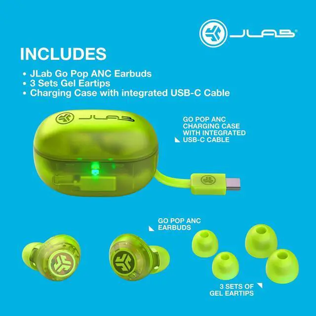 Alt view image 6 of 7 - Go Pop ANC, True Wireless Earbuds, Active Noise Cancelling, Bluetooth Earbuds, Transparent Neon Green