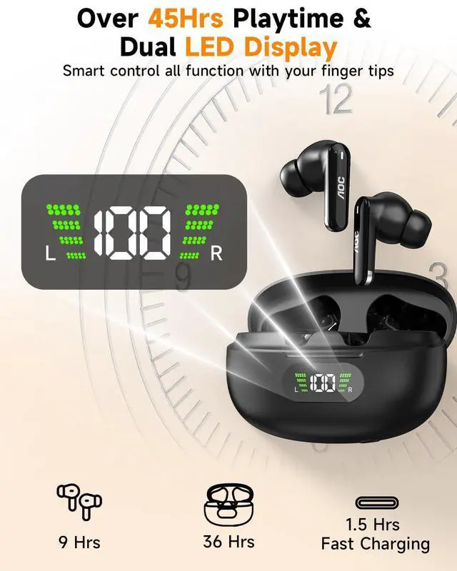 Alt view image 5 of 7 - Wireless Earbuds, Bluetooth 6.0 Earbuds with Noise Cancelling Clear Call Pure Sound Bass 45hrs Playtime Bluetooth Earphones with LED Display Light Weight Dual EQ System for Phones/Laptop/Sports