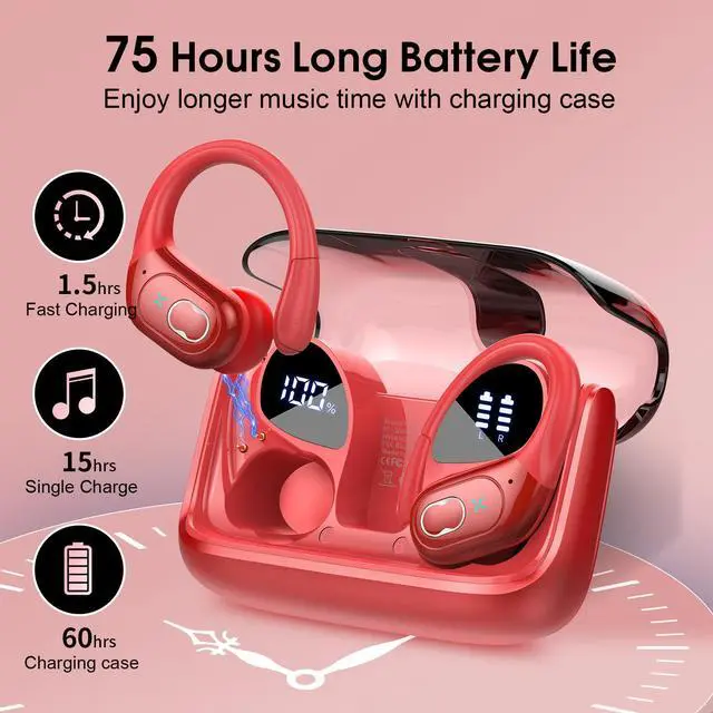 Alt view image 2 of 7 - Wireless Earbuds 75hrs Bluetooth 5.4 Headphone Sport, 2026 Bluetooth Earbuds Stereo Deep Bass Over Ear Bud with Earhooks, ENC Noise Cancelling Mic, IPX7 Waterproof Earphone for Gym/Workout/Run, Red