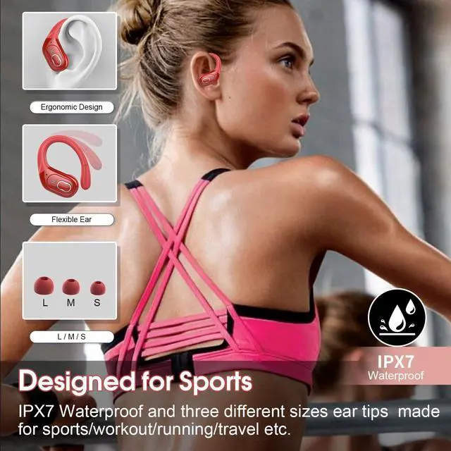 Alt view image 3 of 7 - Wireless Earbuds 75hrs Bluetooth 5.4 Headphone Sport, 2026 Bluetooth Earbuds Stereo Deep Bass Over Ear Bud with Earhooks, ENC Noise Cancelling Mic, IPX7 Waterproof Earphone for Gym/Workout/Run, Red