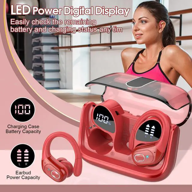 Alt view image 6 of 7 - Wireless Earbuds 75hrs Bluetooth 5.4 Headphone Sport, 2026 Bluetooth Earbuds Stereo Deep Bass Over Ear Bud with Earhooks, ENC Noise Cancelling Mic, IPX7 Waterproof Earphone for Gym/Workout/Run, Red
