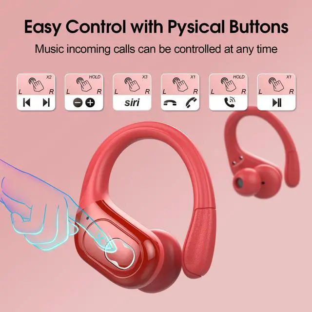 Alt view image 7 of 7 - Wireless Earbuds 75hrs Bluetooth 5.4 Headphone Sport, 2026 Bluetooth Earbuds Stereo Deep Bass Over Ear Bud with Earhooks, ENC Noise Cancelling Mic, IPX7 Waterproof Earphone for Gym/Workout/Run, Red