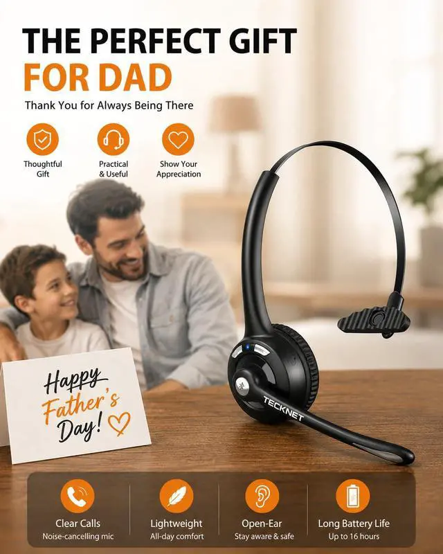Alt view image 2 of 7 - Wireless Bluetooth Headset-Noise Cancelling Microphone, Single Ear On-Ear Headphones (Mute Button), Trucker Bluetooth Headset for Driving, Work, Office & Zoom Calls, for Dad Gift