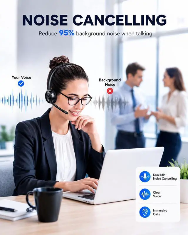 Alt view image 5 of 7 - Wireless Bluetooth Headset-Noise Cancelling Microphone, Single Ear On-Ear Headphones (Mute Button), Trucker Bluetooth Headset for Driving, Work, Office & Zoom Calls, for Dad Gift