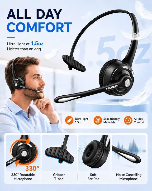 Alt view image 7 of 7 - Wireless Bluetooth Headset-Noise Cancelling Microphone, Single Ear On-Ear Headphones (Mute Button), Trucker Bluetooth Headset for Driving, Work, Office & Zoom Calls, for Dad Gift
