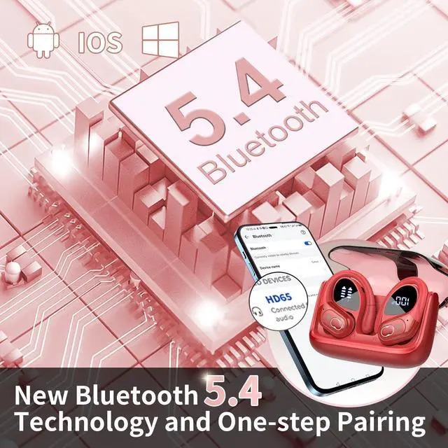Alt view image 5 of 7 - Wireless Earbuds 75hrs Bluetooth 5.4 Headphone Sport, 2026 Bluetooth Earbuds Stereo Deep Bass Over Ear Bud with Earhooks, ENC Noise Cancelling Mic, IPX7 Waterproof Earphone for Gym/Workout/Run, Red